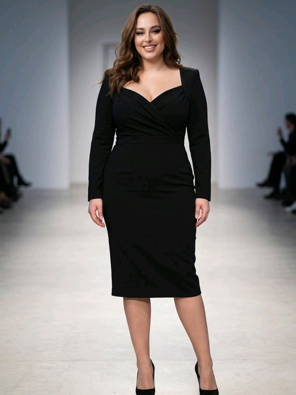 Elegant Black Long-Sleeve Wrap Midi Dress - Women